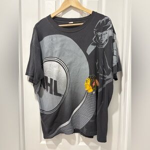Vintage Chicago Blackhawks NHL Graphic Black T-Shirt 1990s Hockey Black Aop